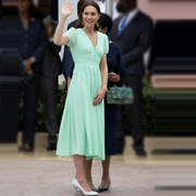 凯特王妃明星同款女装，夏季优雅气质修身中长款绿色雪纺连衣裙