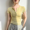 半开领短袖T恤女2024夏季洋气修身显瘦设计感纯色v领打底衫