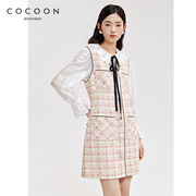 missCOCOON小香风连衣裙套装春款粉色花呢系带领衬衫两件套