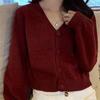 法式复古小外套酒红色开衫，v领短款毛衣，设计感上衣女2023秋季
