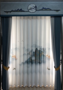 现代新中式中国风水墨画，真丝绵数码印花纱帘，客厅卧室阳台隔断纱帘