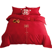 新中式婚庆床品红色四件套纯v棉100支长绒棉喜字刺绣结婚被套床单