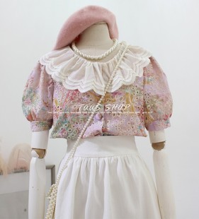 娃娃领上衣2024夏季韩国女装甜美蕾丝，油画系刺绣温柔扎染短款衬衫