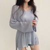 韩国chic夏季减龄宽松V领镂空前短后长下摆开叉防晒冰丝针织衫女