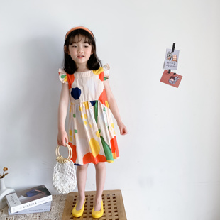 豆包君2022夏季韩版女童几何图案，连衣裙宝宝洋气，小飞袖娃娃a字裙