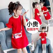 女童连衣裙夏季2022中大童红色背包印花公主裙花边袖显瘦裙。