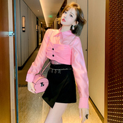 MIUCO甜心小姐粉色衬衫+小香风流苏吊带+高腰A字裙裤套装