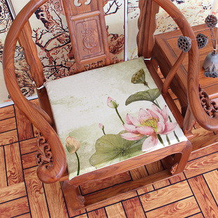 水墨画荷花新中式坐垫，复古红木沙发椅垫餐椅垫加厚海绵座垫