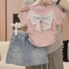 女童夏季韩版套装2024洋气套裙女孩蝴蝶结儿童牛仔短裙两件套