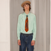 mixseven原创春马卡龙纯色，系带高级丝质衬衫，男休闲长袖衬衣上衣