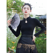 新中式立领盘扣黑色长袖t恤女秋冬季内搭打底衫搭配马面裙的上衣