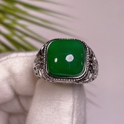 天然绿玉髓玛瑙男士戒指绿宝石冰种翡翠色银活口镶嵌祖母绿指环女
