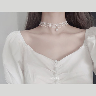 轻奢蕾丝珍珠choker白色，气质甜美韩国超仙短款锁骨，链项链颈链项圈