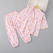 夏季儿童棉绸睡衣七分袖薄款宝宝女孩绵绸，套装男童女童空调家居服