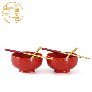 浮雕莲花喜碗筷套装结婚礼物送新人闺蜜女方陪嫁创意陶瓷红色对碗