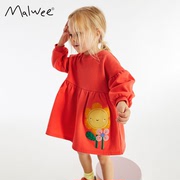 春秋女童长袖连衣裙红色，时髦洋气花朵贴布儿童，裙宝宝纯棉裙子