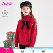 笛莎deesha女童红色蝙蝠袖，高领毛衣冬季中童女孩蝴蝶结针织衫