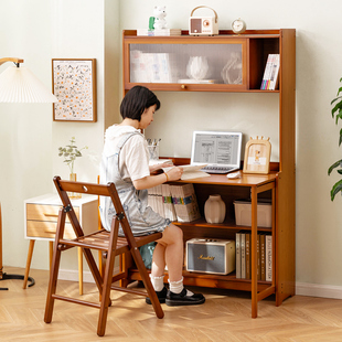 折叠书桌一体电脑桌子办公桌学生家用小型台式工作台写字卧室实木