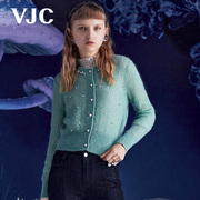 VJC/威杰思2023秋冬女装绿色马海毛衫时尚钉珠短款针织外套