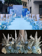 婚庆绢花蓝色系路引点花地，排花婚礼背景墙，布置花排婚礼场景装饰花