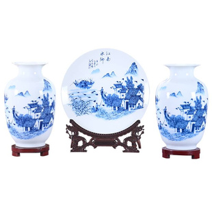 陶瓷瓷器花瓶三件套装饰品，家居客厅博古架摆件，中式干花插花电视柜