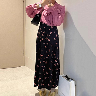韩国chic秋季减龄气质系带百搭长袖衬衫+高腰丝绒碎花半身裙套装