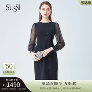 sussi古色春季高端商场，同款长袖修身钉钻连衣裙12av1066800