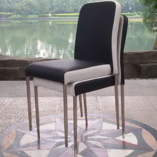 可叠放餐椅现代简约家用凳子，黑白色皮不锈钢，椅酒店餐厅椅靠背椅子