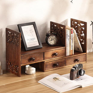 复古实木架子中式桌面置物架，书桌桌上书架，飘窗收纳柜简易小书柜