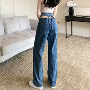 wak404098低腰直筒牛仔裤，女春季辣妹系带设计感小众，阔腿长裤