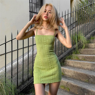 KLalien 气质绿色针织条纹平领吊带裙复古高腰百搭显瘦包臀连衣裙
