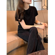 韩国chic夏季复古气质一字，领褶皱短袖衬衫+高腰，休闲阔腿长裤套装