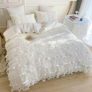 韩式仙女白色全棉床上四件套公主风100纯棉蕾丝床单被套床裙网红4
