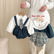 男女童春秋季纯棉格子学院风哈衣套装婴幼儿衬衫背带裤两件套