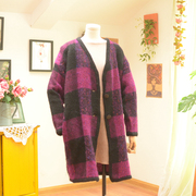 日系原单vintage欧美范潮款格子个性洋气百搭马海毛，长款毛衣外套