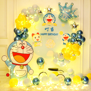 哆啦A梦主题宝宝百天宴男孩1周岁生日装饰场景布置气球派对背景墙