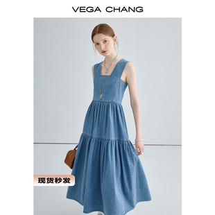 VEGA CHANG牛仔吊带连衣裙女2023年夏季法式复古显瘦气质长裙