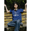 珍妮圆领短袖t恤女夏季2024学生设计感修身蓝色印花上衣ins