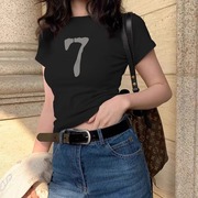 韩版黑色正肩短袖t恤女2024夏紧身纯棉体恤美式复古辣妹上衣