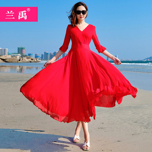 三亚红色沙滩裙短袖长款连衣裙波西米亚长裙巴厘岛海边度假裙子女