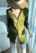 太有范轻薄丝麻衬衫女夏季简约设计感中长款绿色上衣长袖气质衬衣