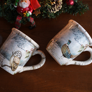 森系圣诞风出口欧式创意浮雕，猫头鹰锦鸡图案，陶瓷咖啡杯水杯圣诞