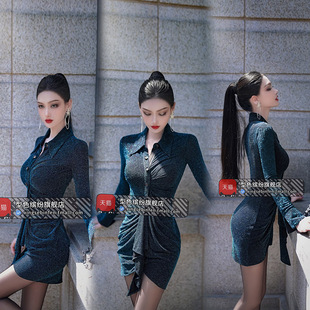 早秋女装气质，减龄欧美风抽皱显身材包臀衬衫裙，2023长袖连衣裙