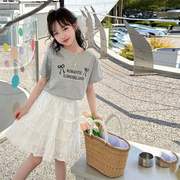 字母蛋糕裙两件套女孩蝴蝶结短袖刺绣双色时髦女童2024夏季新韩版