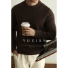 yuxian美式重磅羊毛混纺休闲商务中针距圆领毛衣，保暖纯色通勤加厚