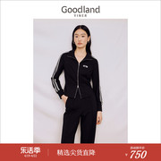 Goodland美地女装2023秋季侧条纹可拆卸胸针装饰针织短外套