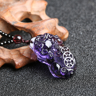 天然紫水晶吊坠项链貔貅生日礼物男女，款毛衣链民族风项链潮流饰品