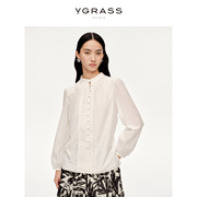vgrass甜美白色气质长袖衬衫，女24年春季休闲花边织带上衣