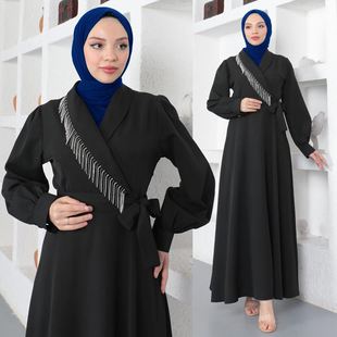 伊斯兰Muslim服装流苏钻链晚礼服中东迪拜女装黑色长袍连衣裙女