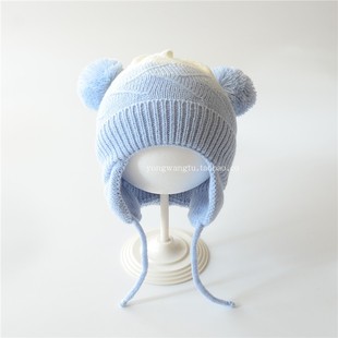 男宝宝秋冬季保暖护耳帽子婴幼儿童可爱双球加绒帽男童针织毛线帽